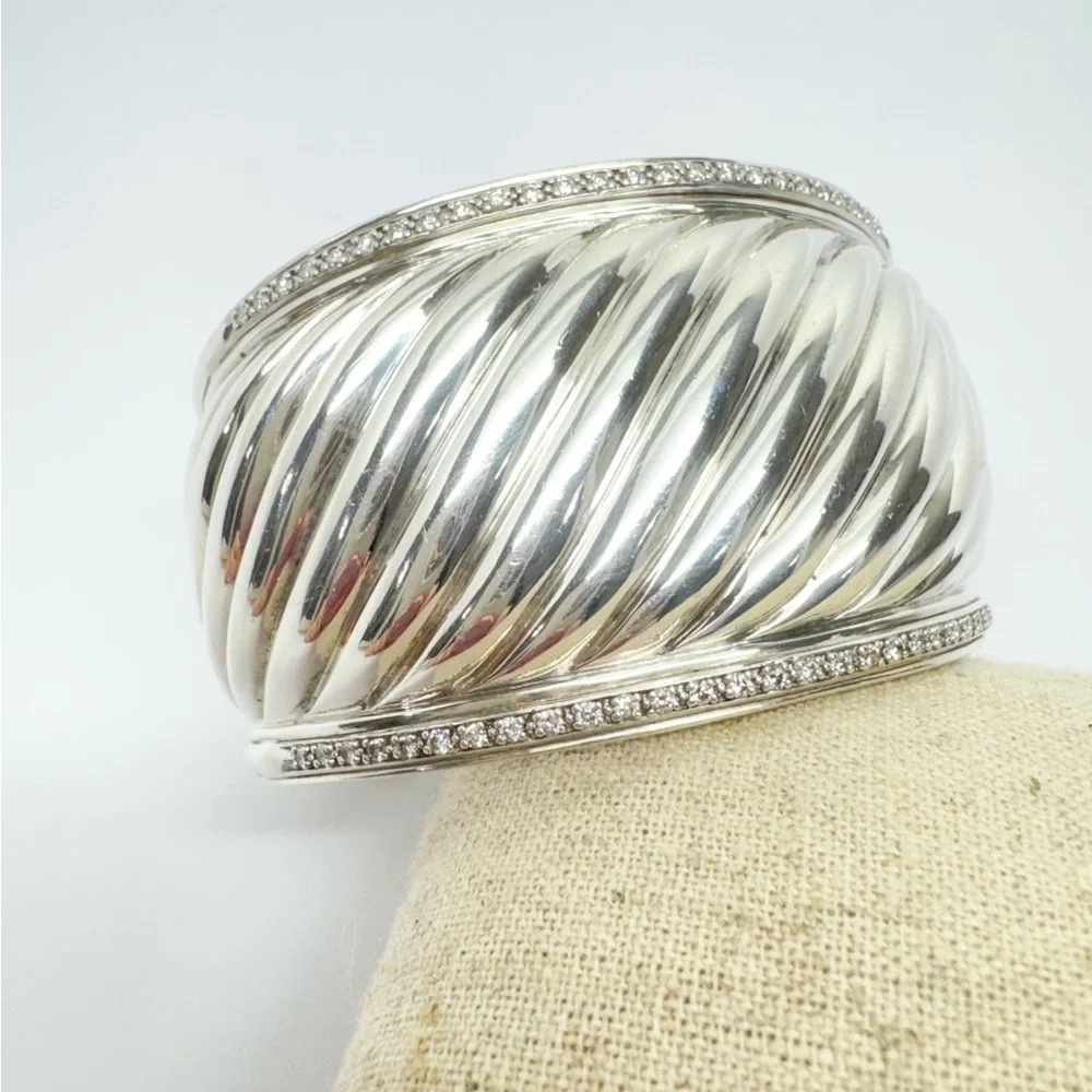 David Yurman Thoroughbred Wide Diamond Cable Cuff Bracelet .925